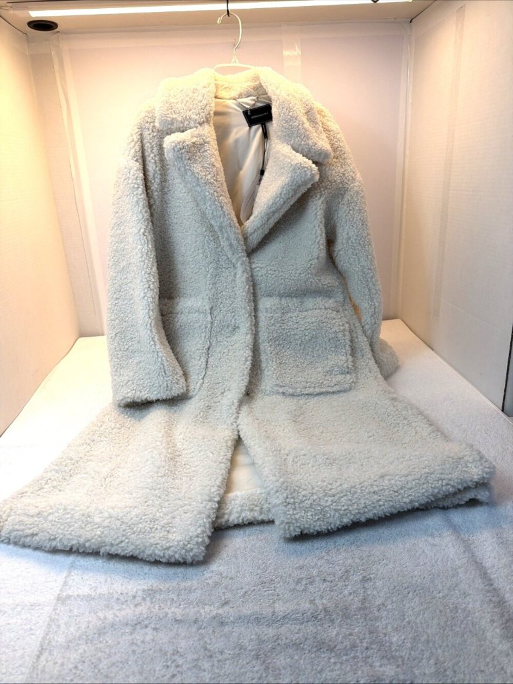 BCBGMAXAZRIA Notch Collar Faux Shearling Lined Mid Coat Off White Women SZ S New